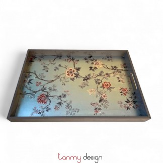 Khay sơn mài chữ nhật ghi dán bạc vẽ hoa 40*55cm